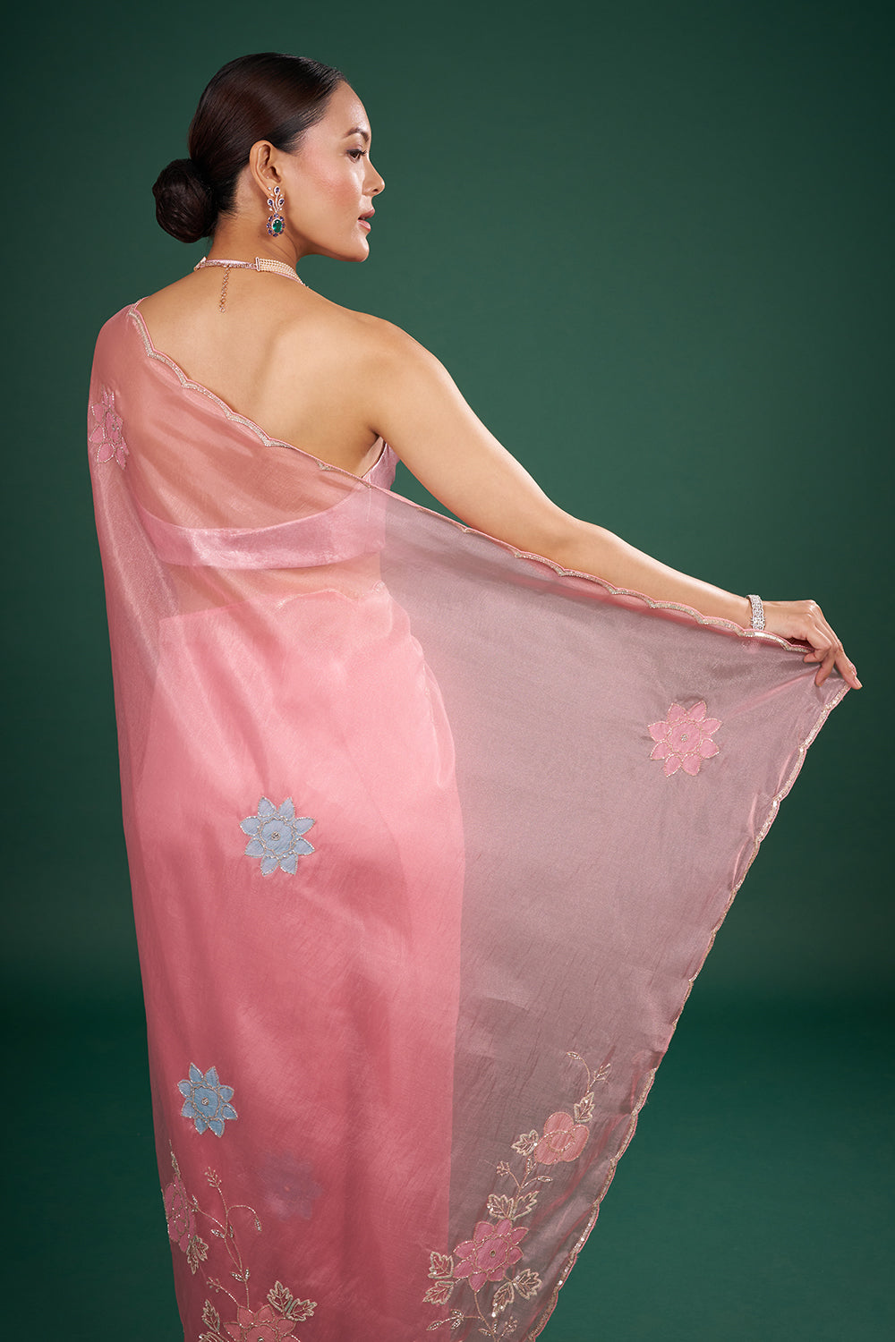 Pink Shimmer Organza Saree with Floral Embroidery and Unstitched Blouse
