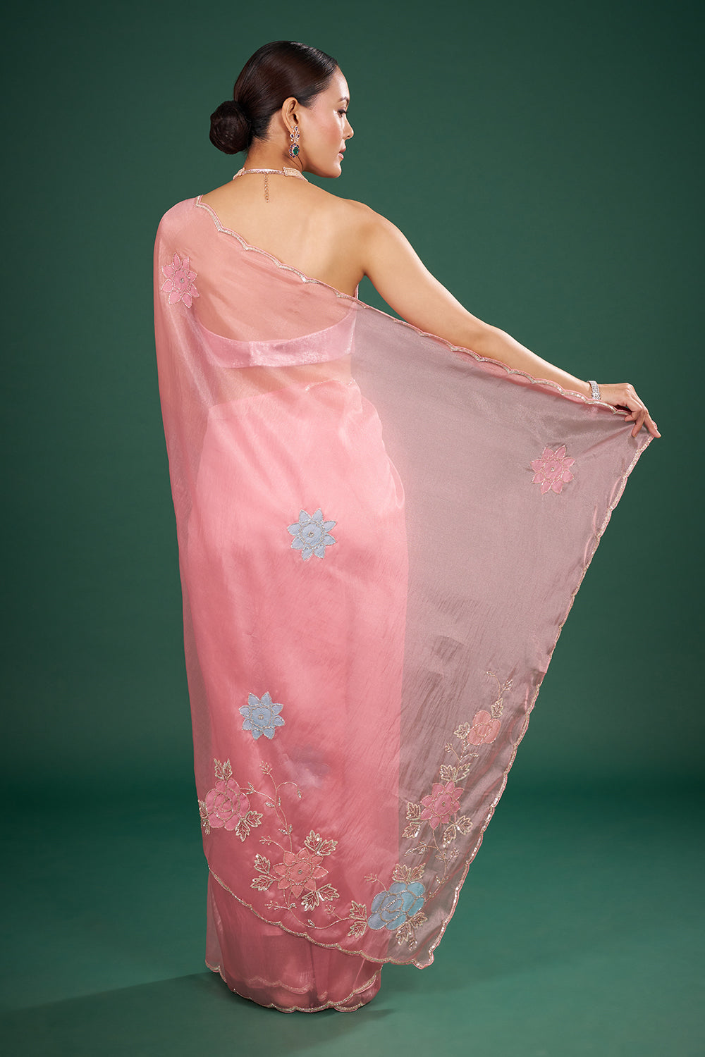 Pink Shimmer Organza Saree with Floral Embroidery and Unstitched Blouse
