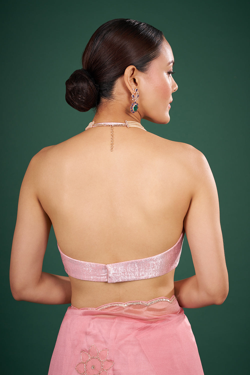 Pink Shimmer Organza Saree with Floral Embroidery and Unstitched Blouse