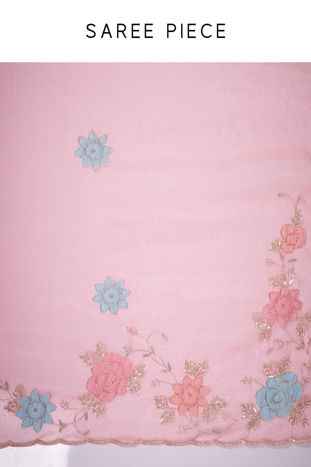 Pink Shimmer Organza Saree with Floral Embroidery and Unstitched Blouse