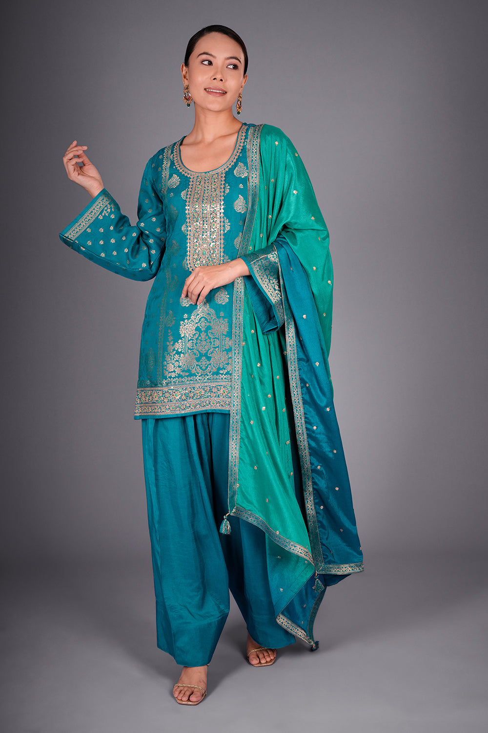 Firozi Banarasi Kurta Set with Zari Embroidery