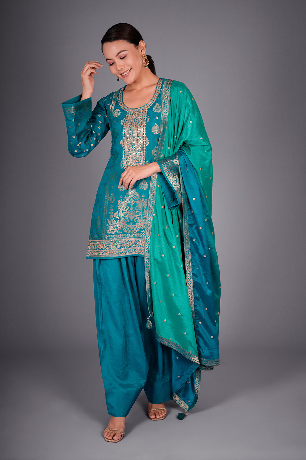 Firozi Banarasi Kurta Set with Zari Embroidery