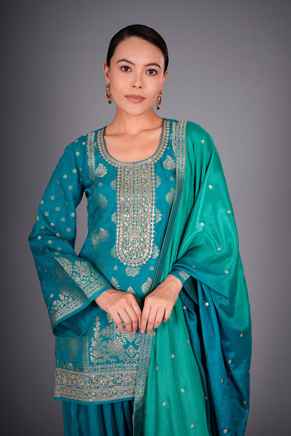 Firozi Banarasi Kurta Set with Zari Embroidery