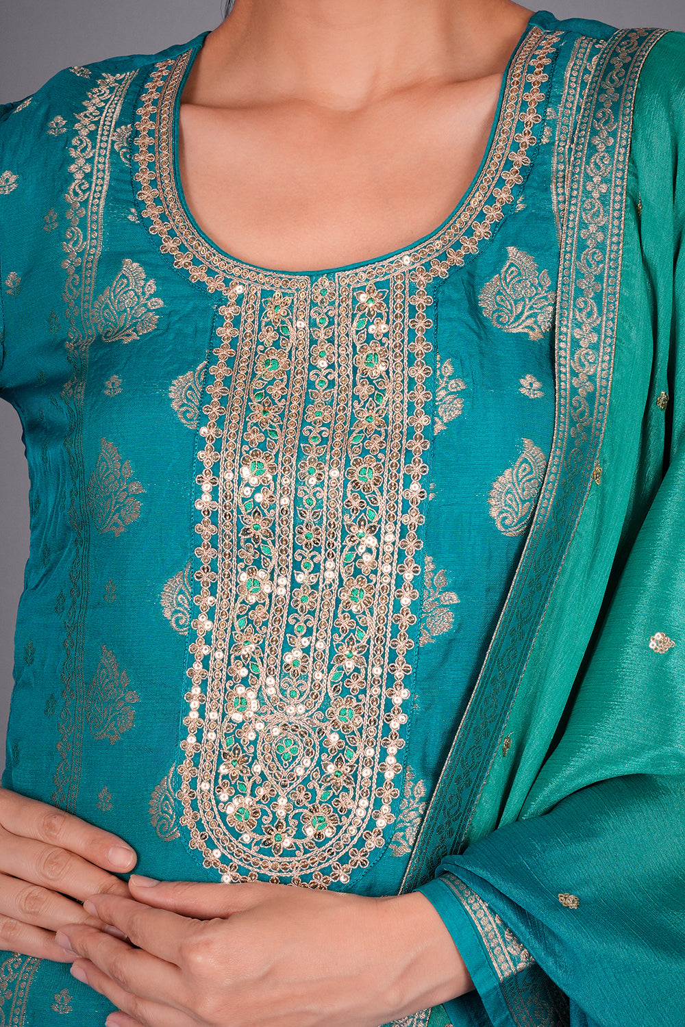 Firozi Banarasi Kurta Set with Zari Embroidery