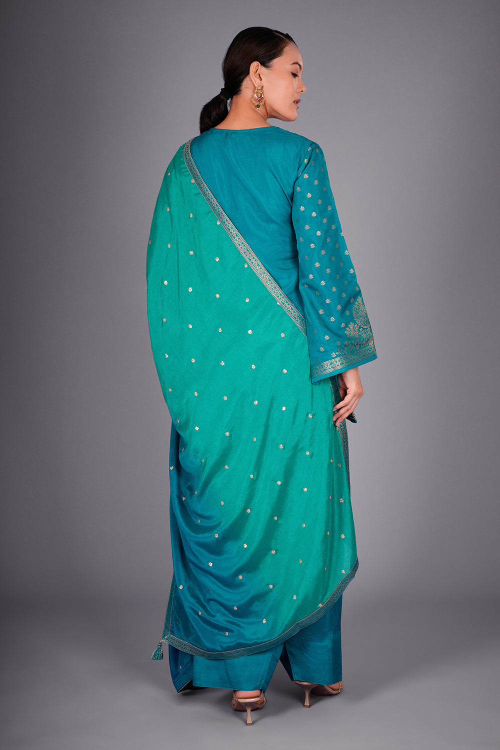 Firozi Banarasi Kurta Set with Zari Embroidery