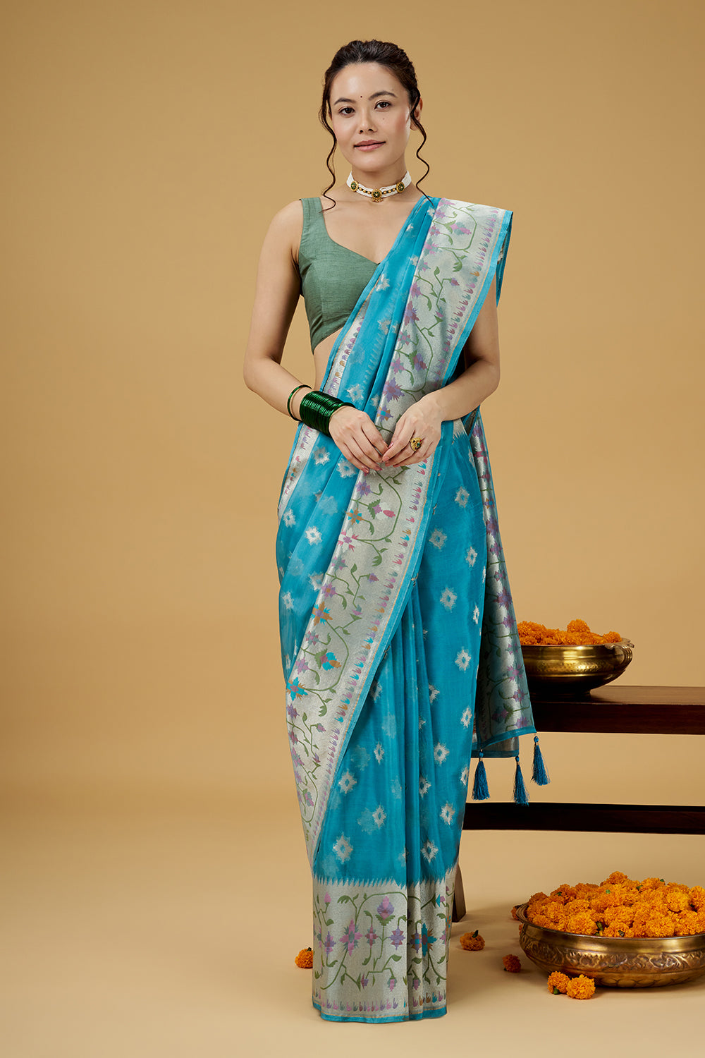 Firozi Blue Tissue Saree with Multicolor Thread Work
