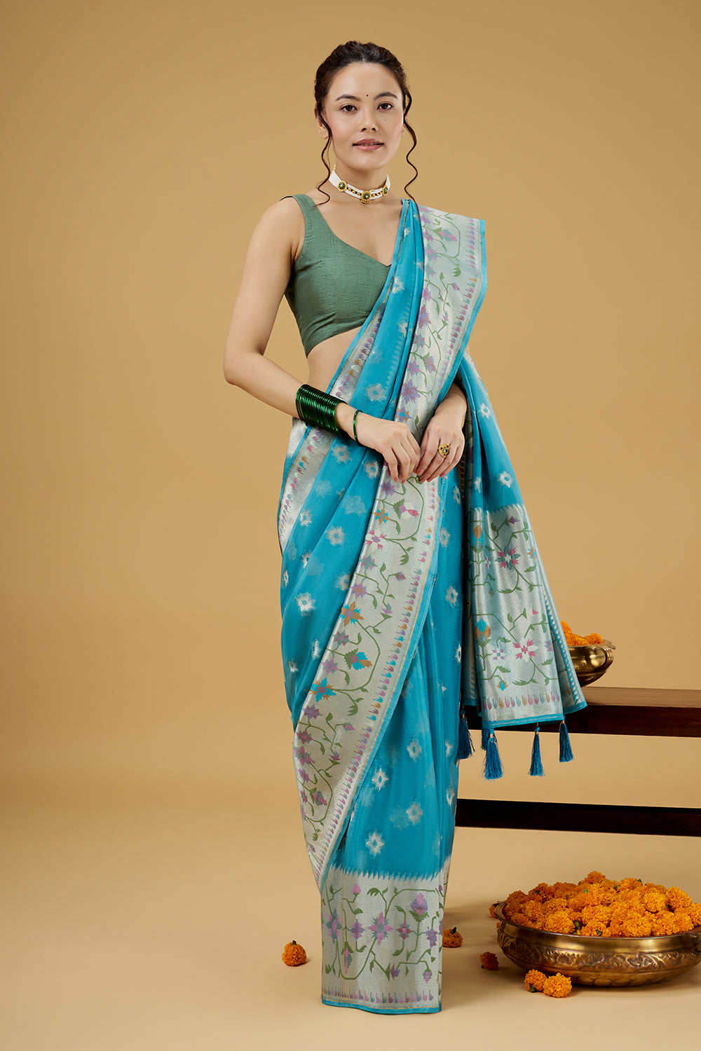 Firozi Blue Tissue Saree with Multicolor Thread Work