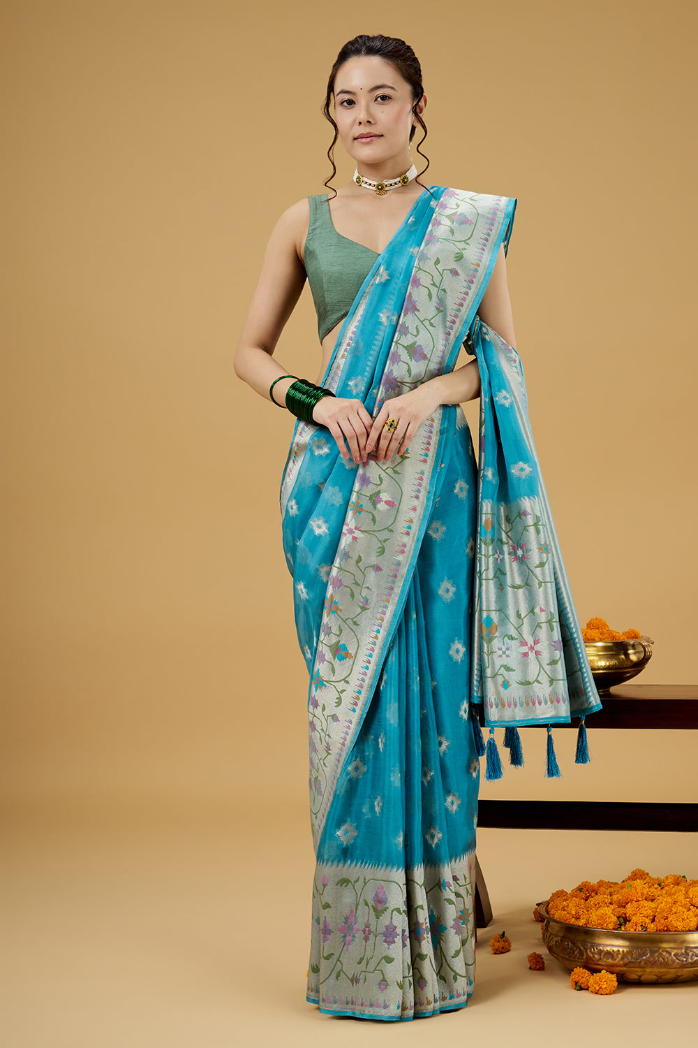 Firozi Blue Tissue Saree with Multicolor Thread Work