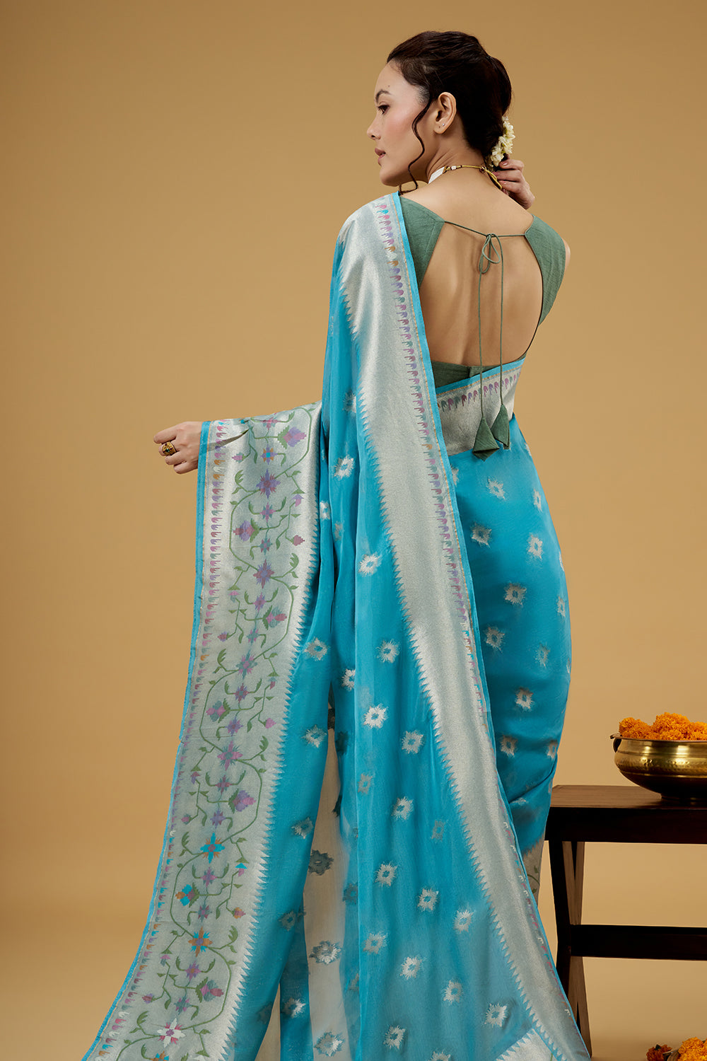 Firozi Blue Tissue Saree with Multicolor Thread Work