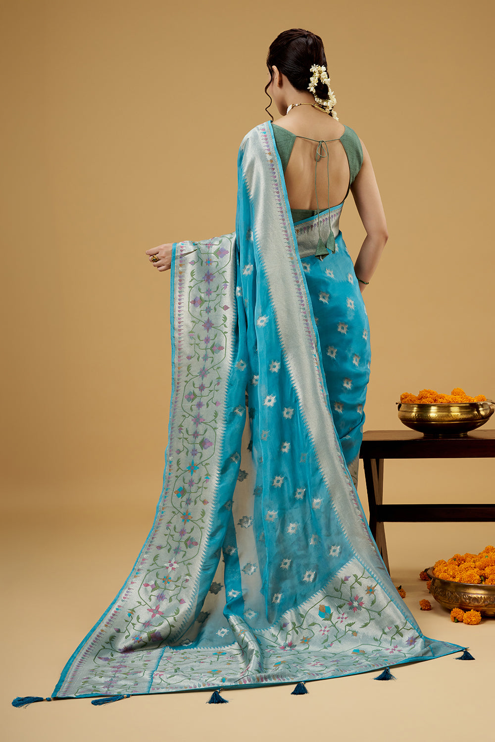 Firozi Blue Tissue Saree with Multicolor Thread Work