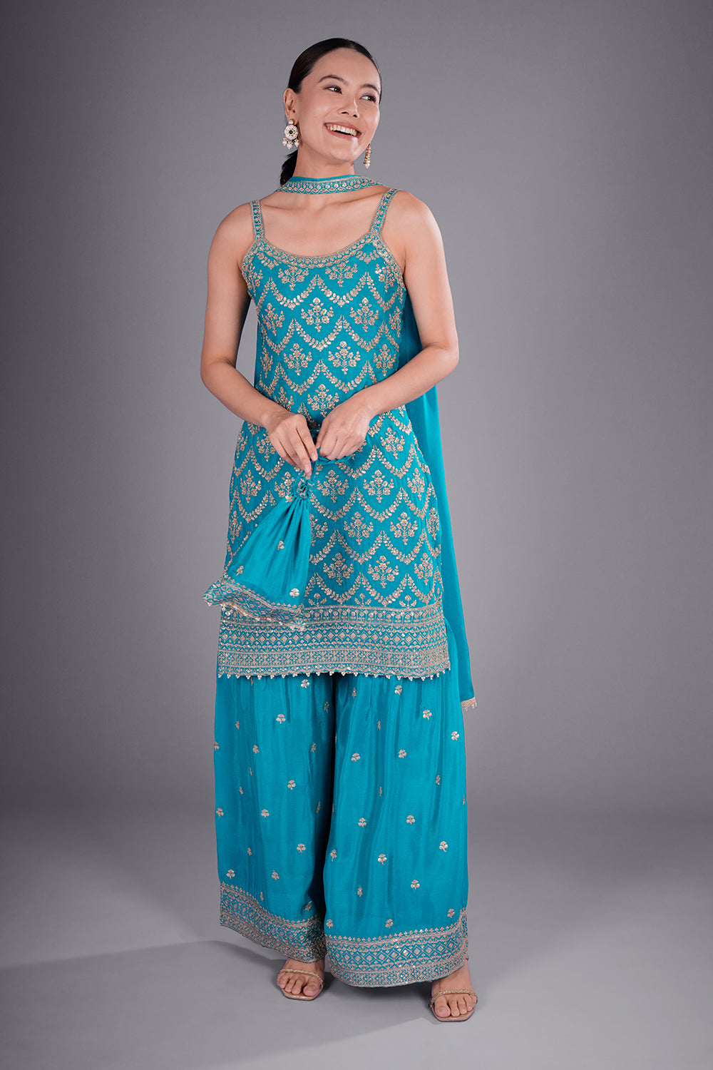 Firozi Crepe Kurta Set with Zari Embroidery