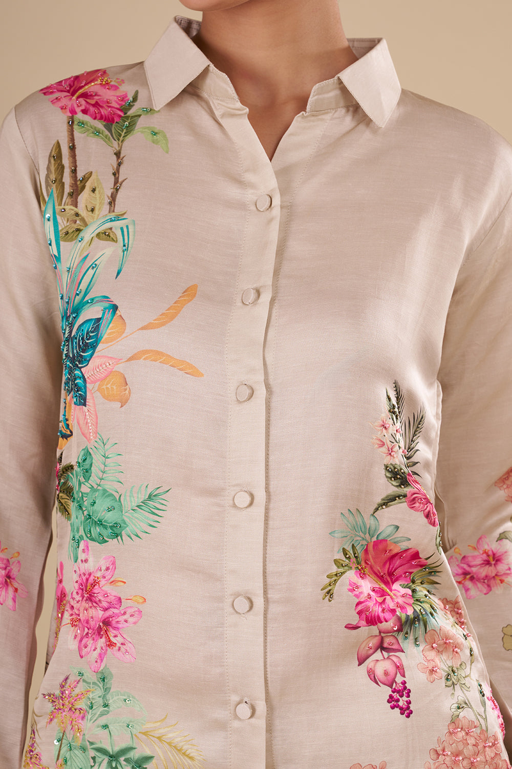 Floral Digital Print Beige Silk Co-ord Set