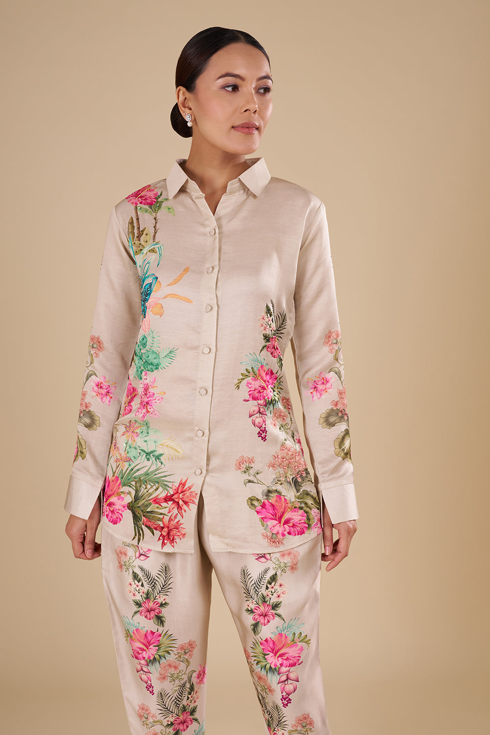 Floral Digital Print Beige Silk Co-ord Set