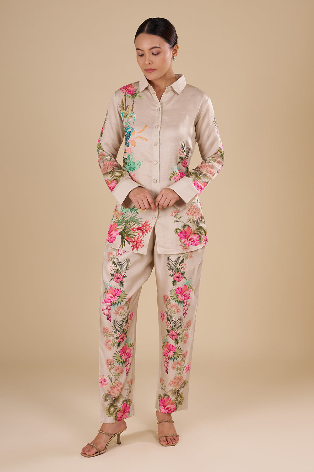Floral Digital Print Beige Silk Co-ord Set