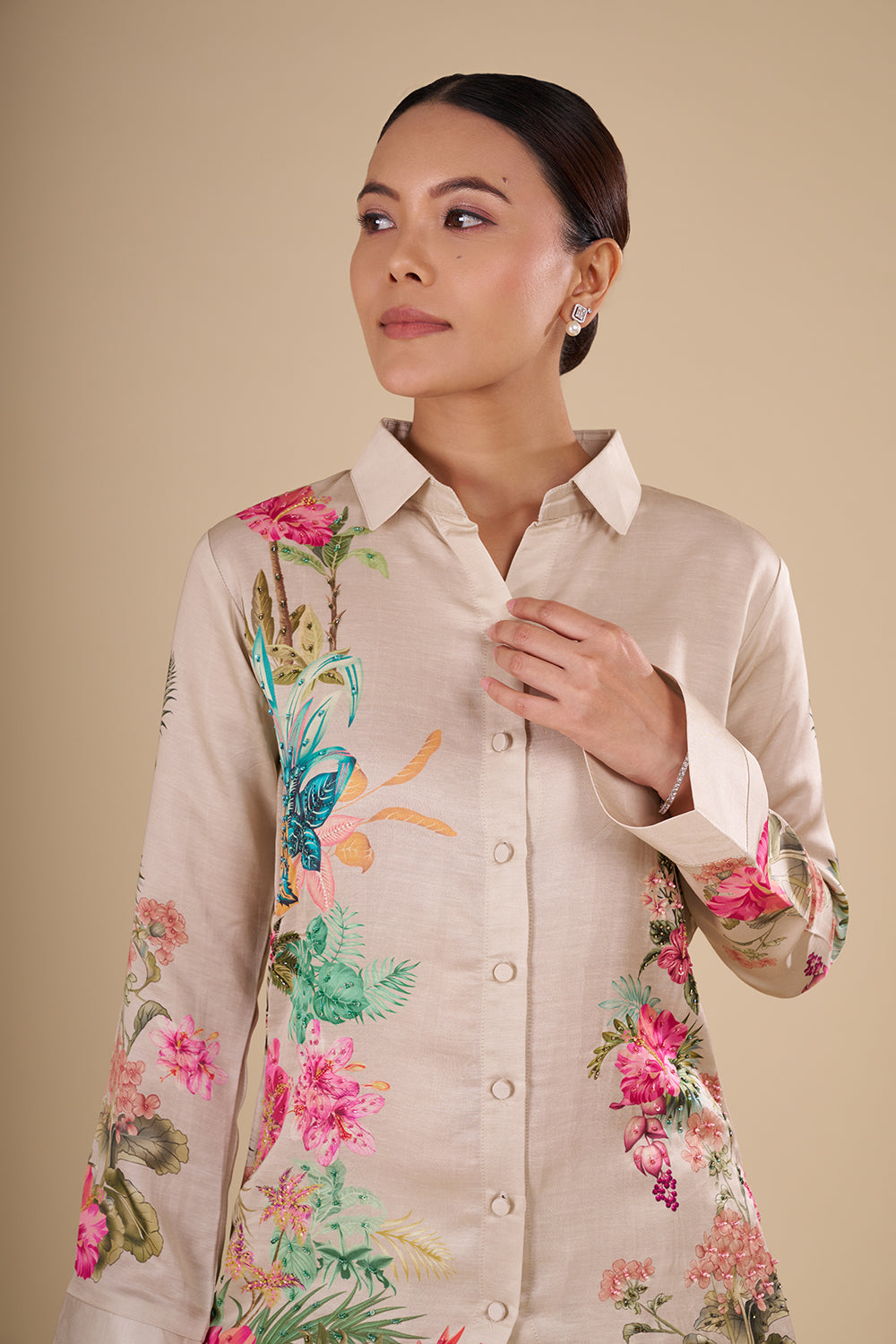 Floral Digital Print Beige Silk Co-ord Set