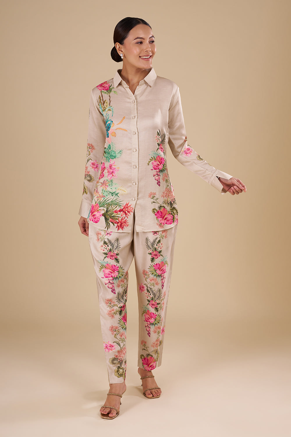 Floral Digital Print Beige Silk Co-ord Set