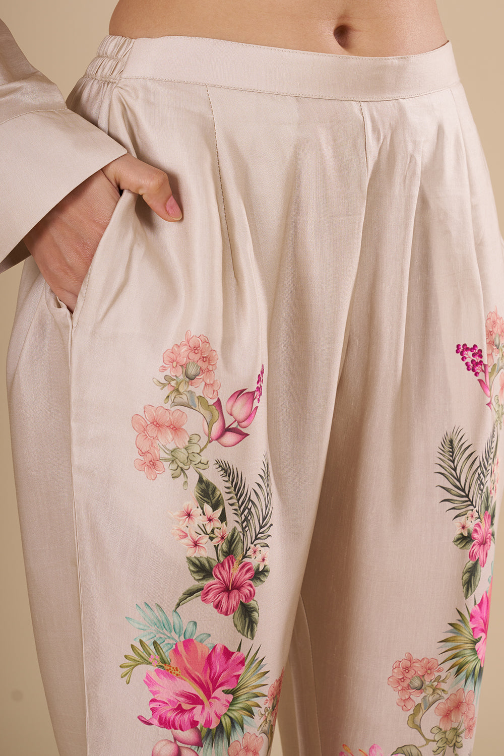 Floral Digital Print Beige Silk Co-ord Set