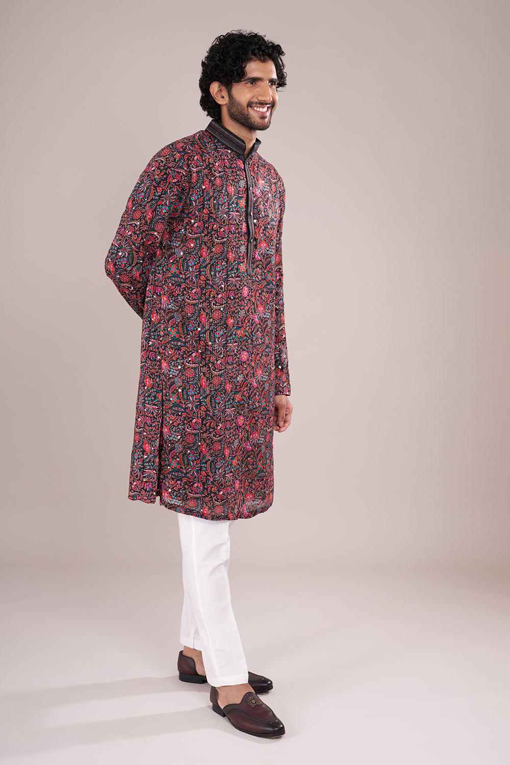 Floral Silk Men's Kurta Set with Multicolour Threadwork