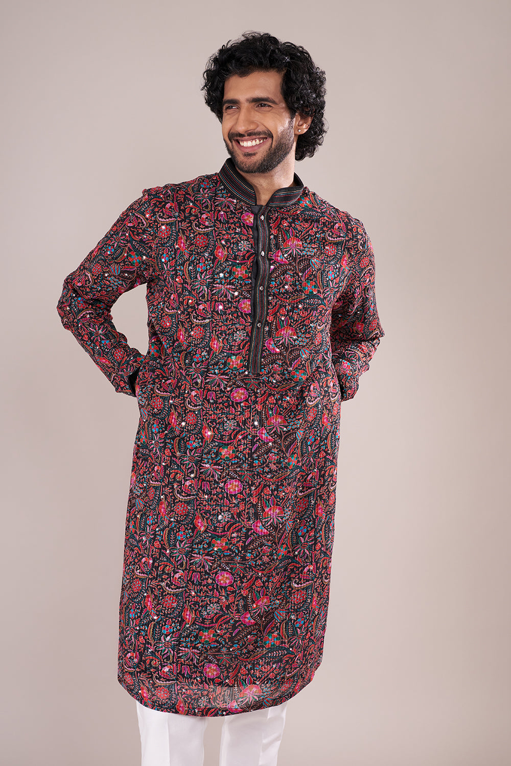 Floral Silk Men's Kurta Set with Multicolour Threadwork