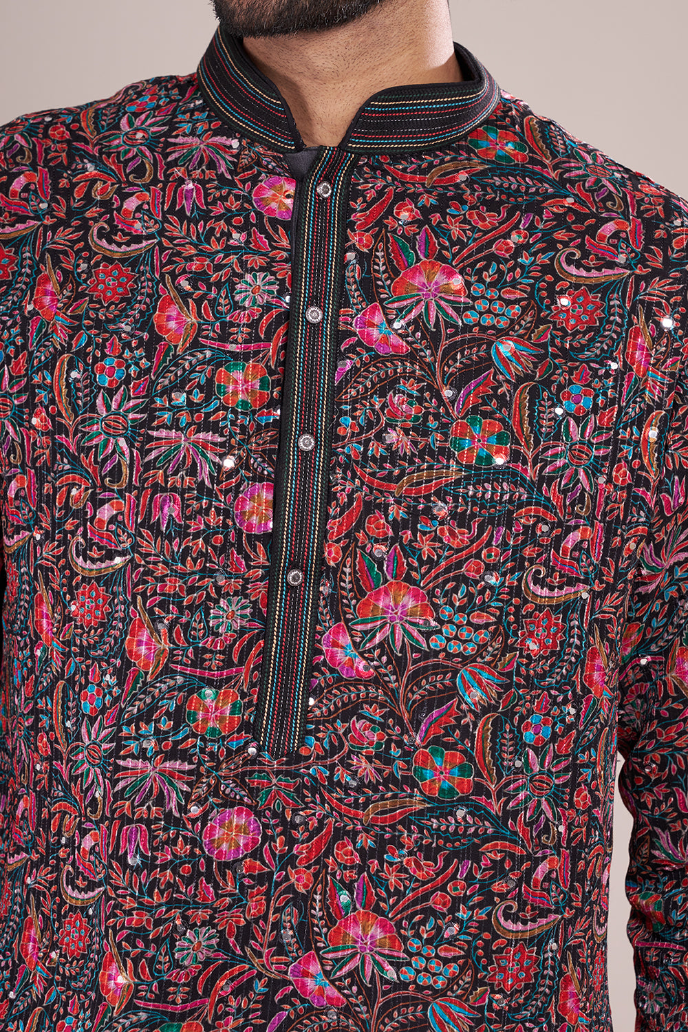 Floral Silk Men's Kurta Set with Multicolour Threadwork