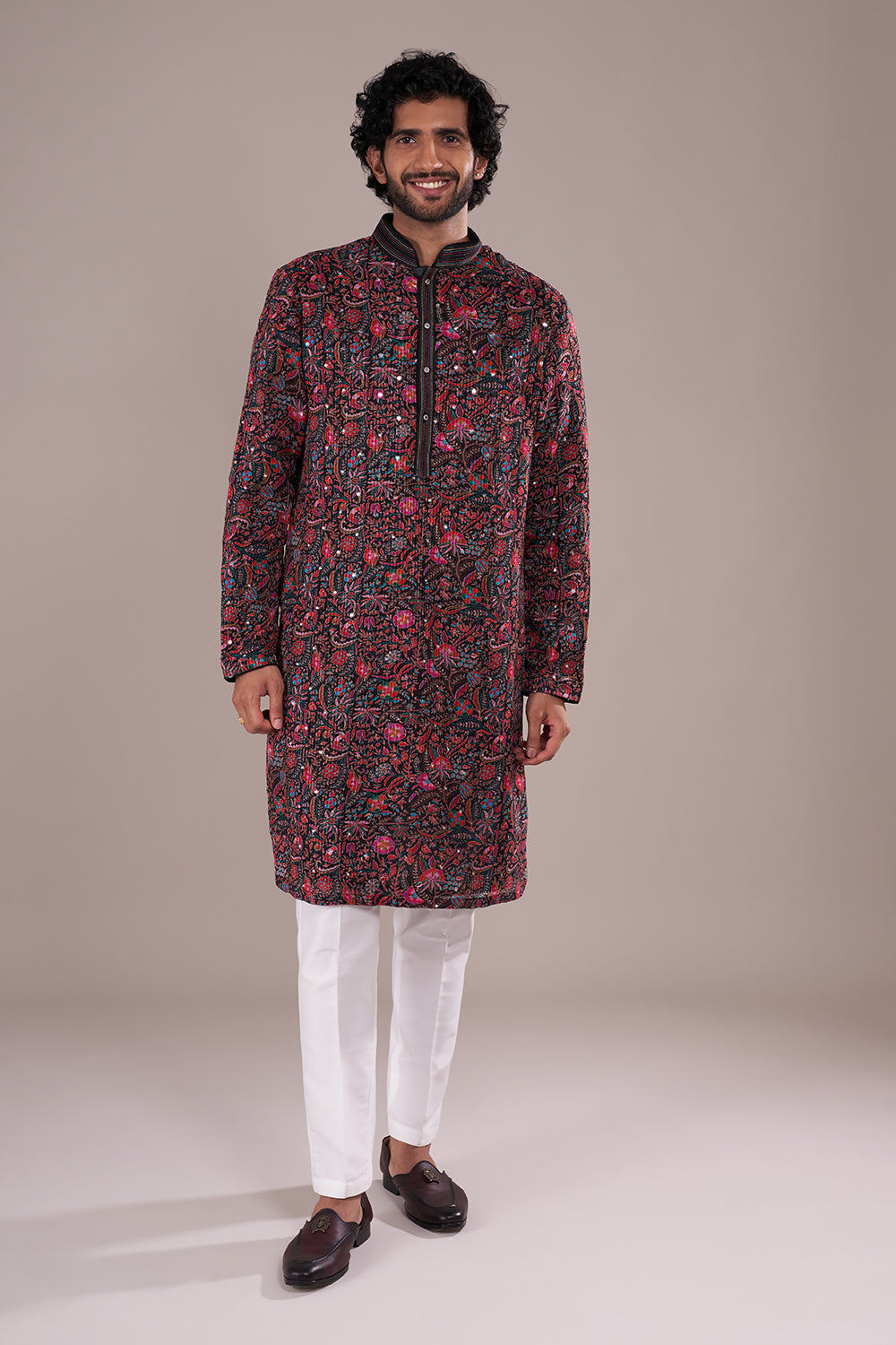 Floral Silk Men's Kurta Set with Multicolour Threadwork