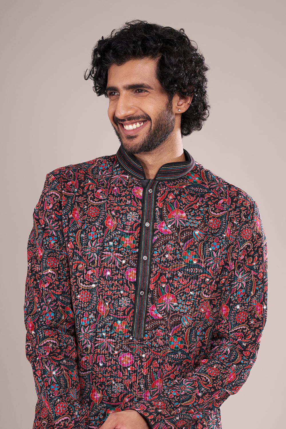 Floral Silk Men's Kurta Set with Multicolour Threadwork