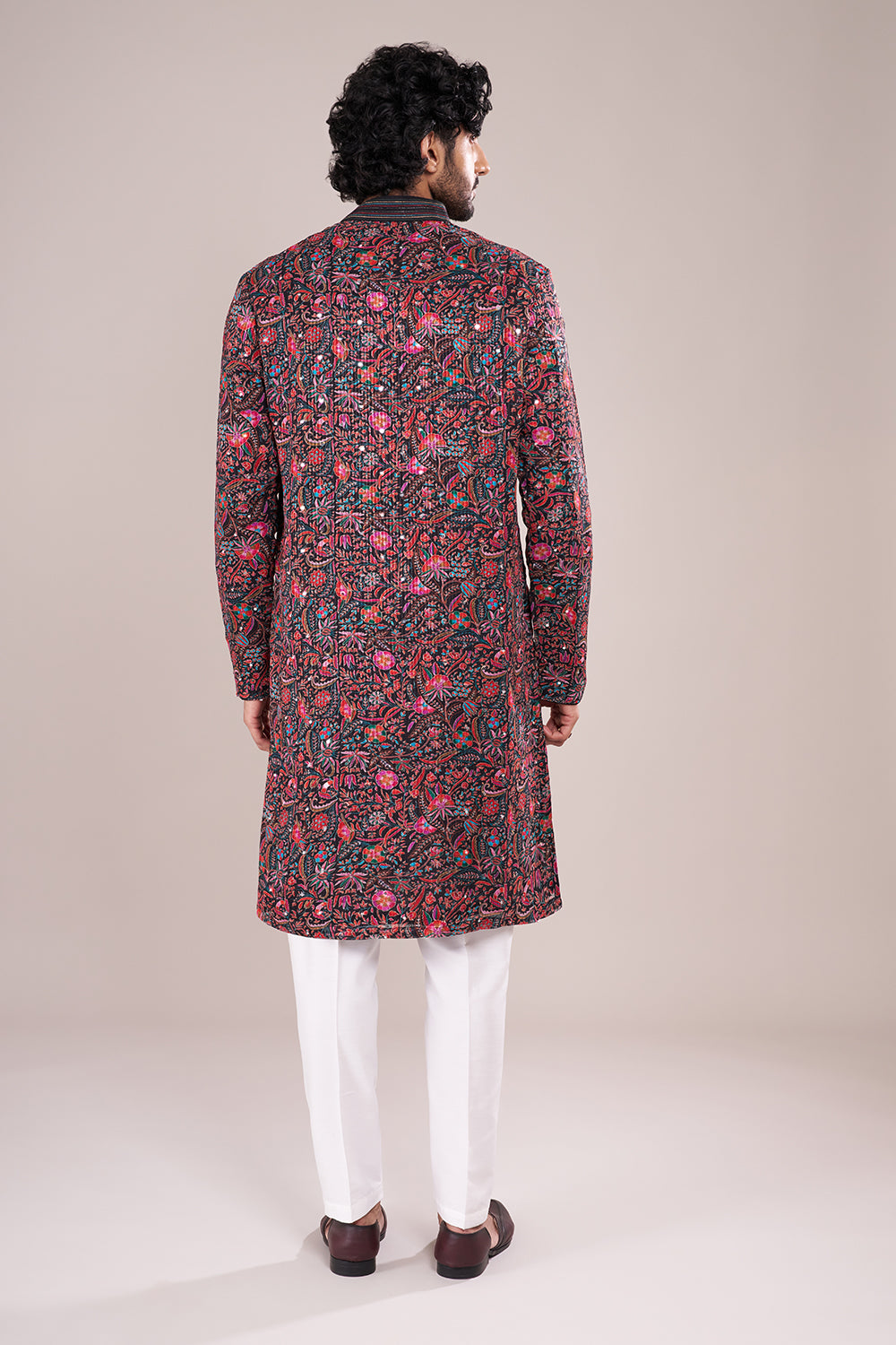 Floral Silk Men's Kurta Set with Multicolour Threadwork