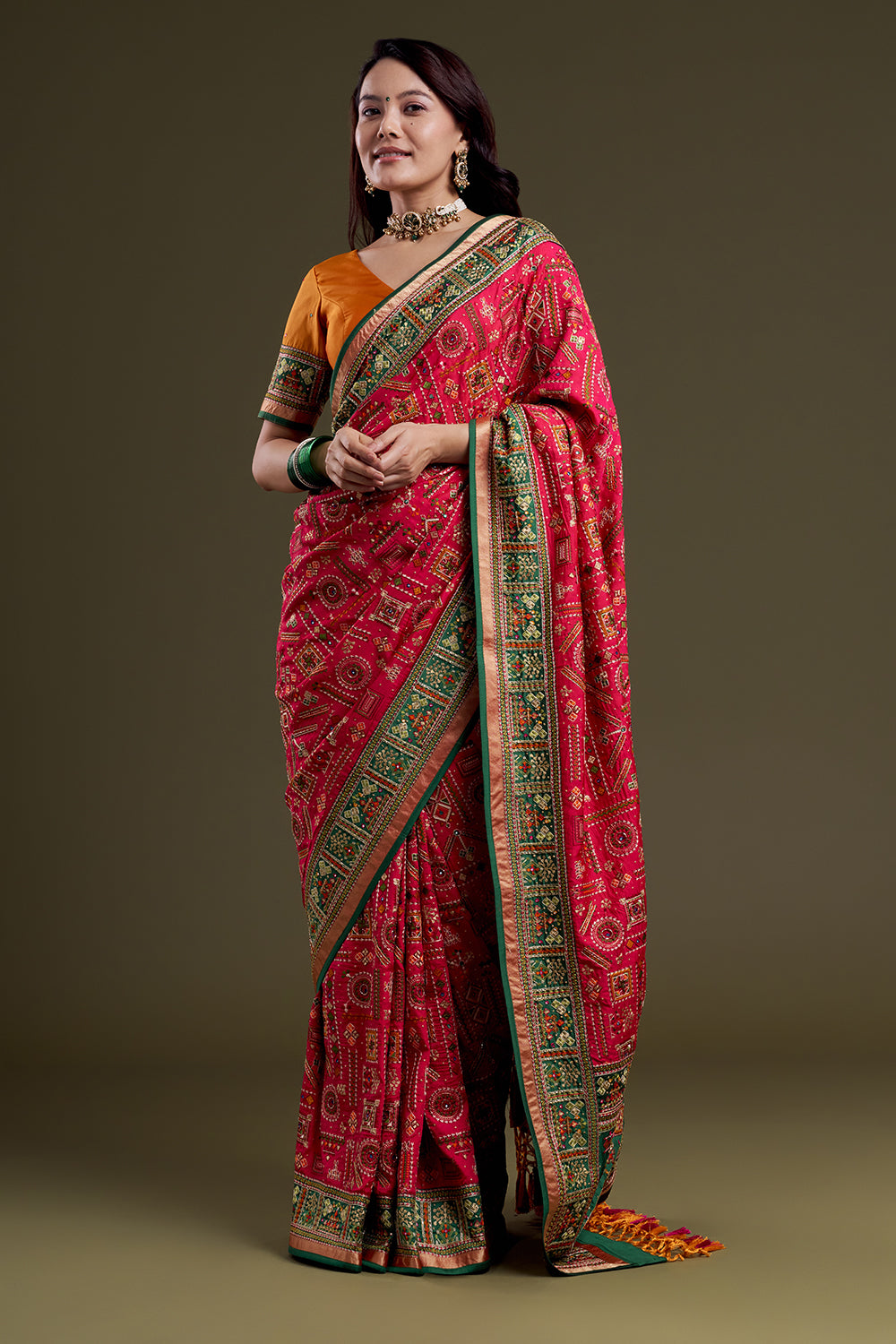 Fluorescent Pink Embroidered Soft Silk Saree