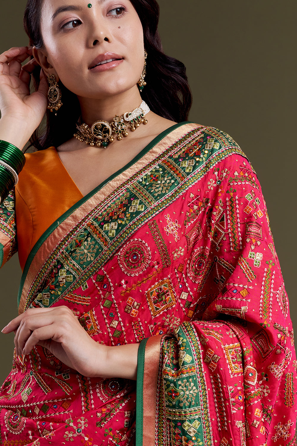 Fluorescent Pink Embroidered Soft Silk Saree
