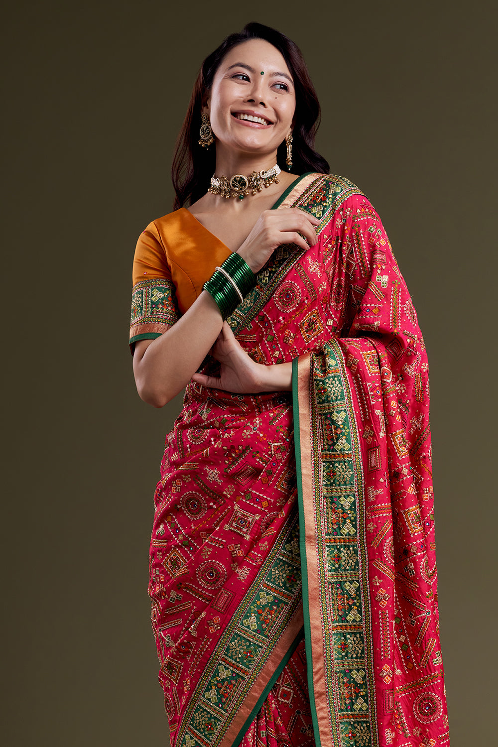 Fluorescent Pink Embroidered Soft Silk Saree