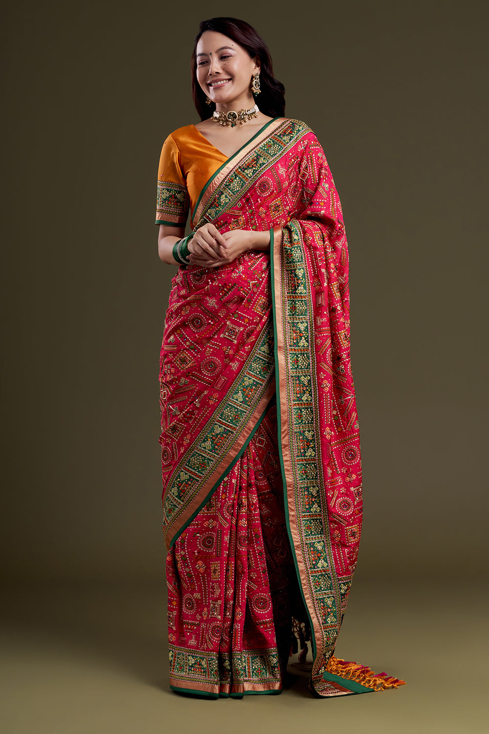 Fluorescent Pink Embroidered Soft Silk Saree