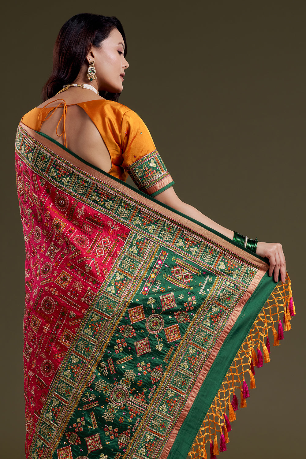 Fluorescent Pink Embroidered Soft Silk Saree