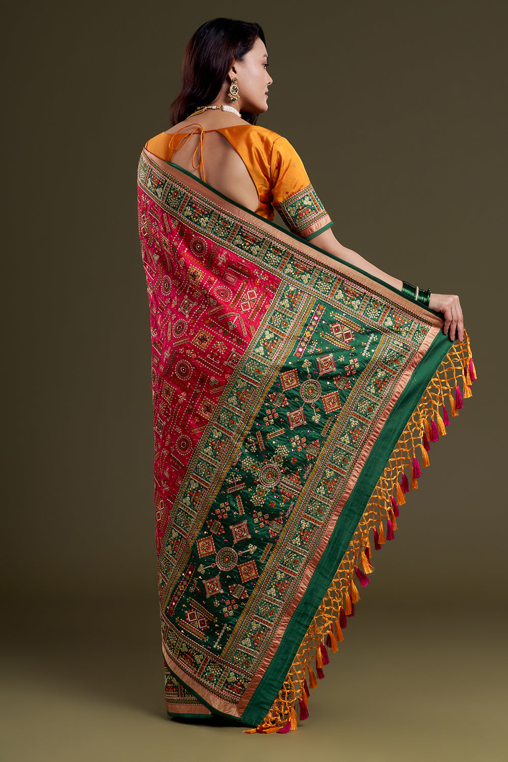 Fluorescent Pink Embroidered Soft Silk Saree