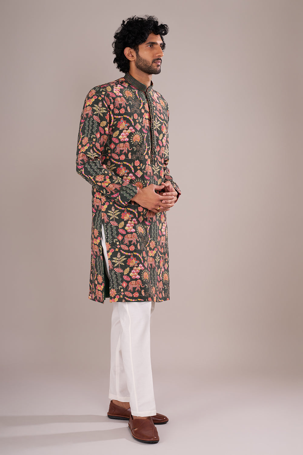 Forest Green Men's Printed Silk Blend Kurta Set with Festive Folk Motifs