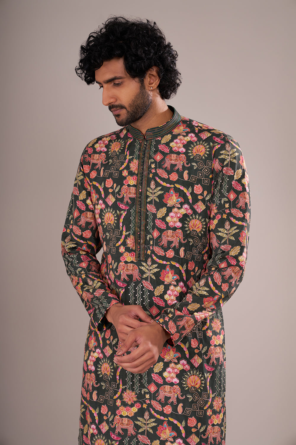 Forest Green Men's Printed Silk Blend Kurta Set with Festive Folk Motifs