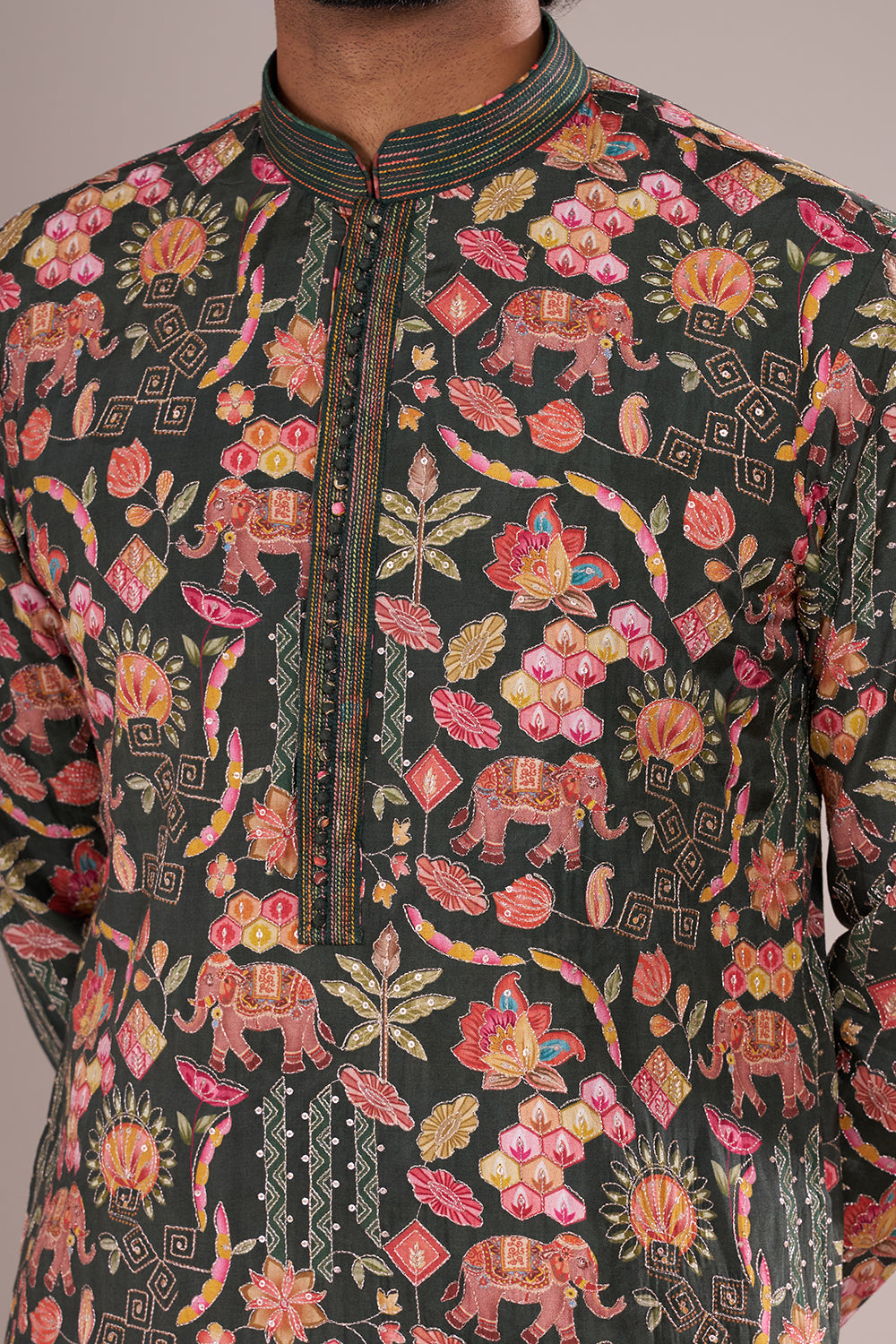 Forest Green Men's Printed Silk Blend Kurta Set with Festive Folk Motifs