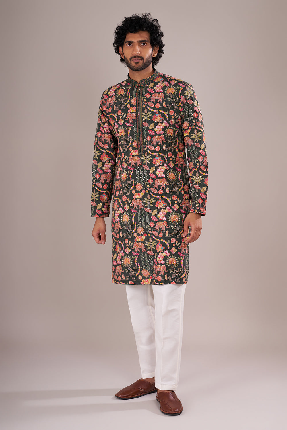Forest Green Men's Printed Silk Blend Kurta Set with Festive Folk Motifs
