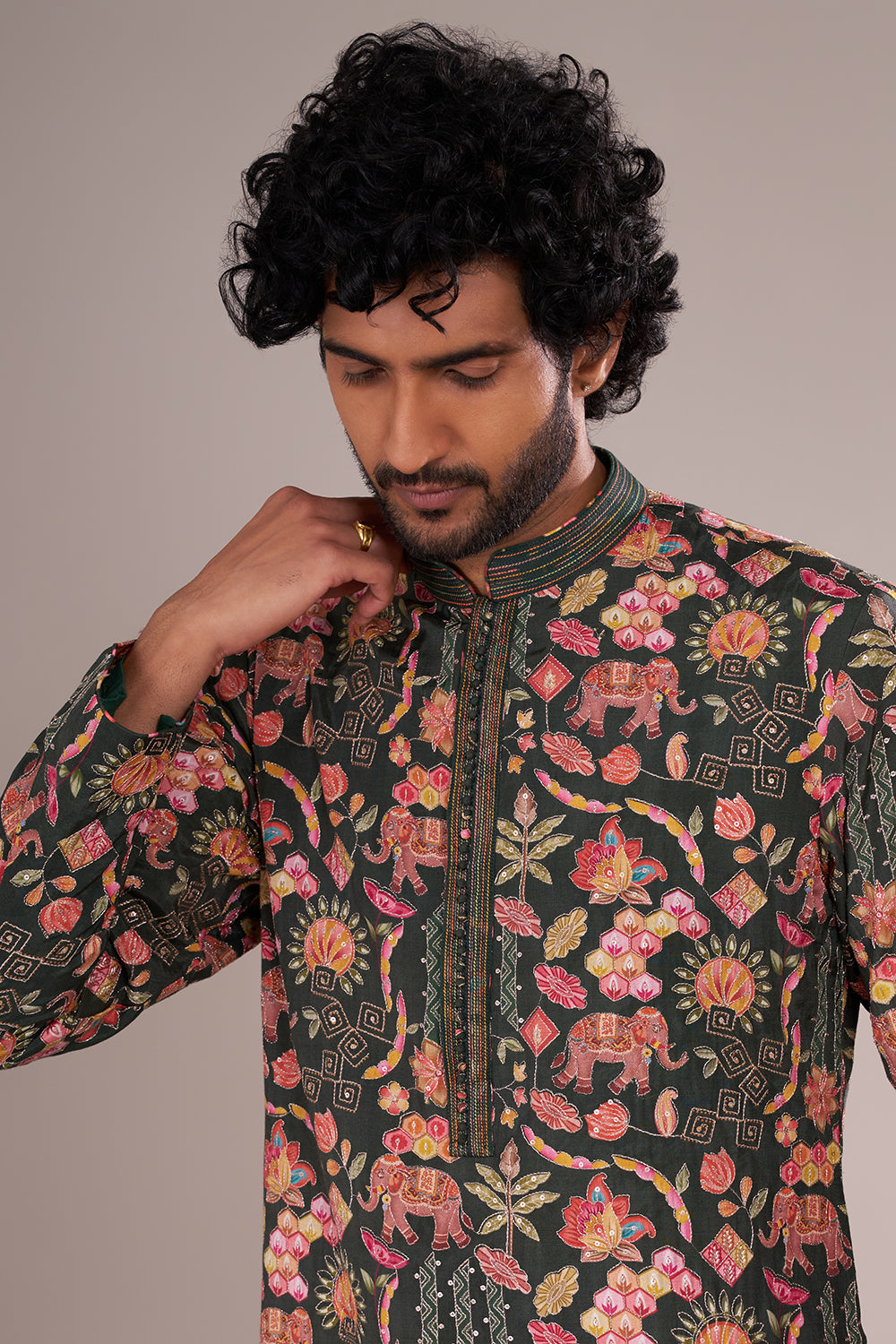 Forest Green Men's Printed Silk Blend Kurta Set with Festive Folk Motifs