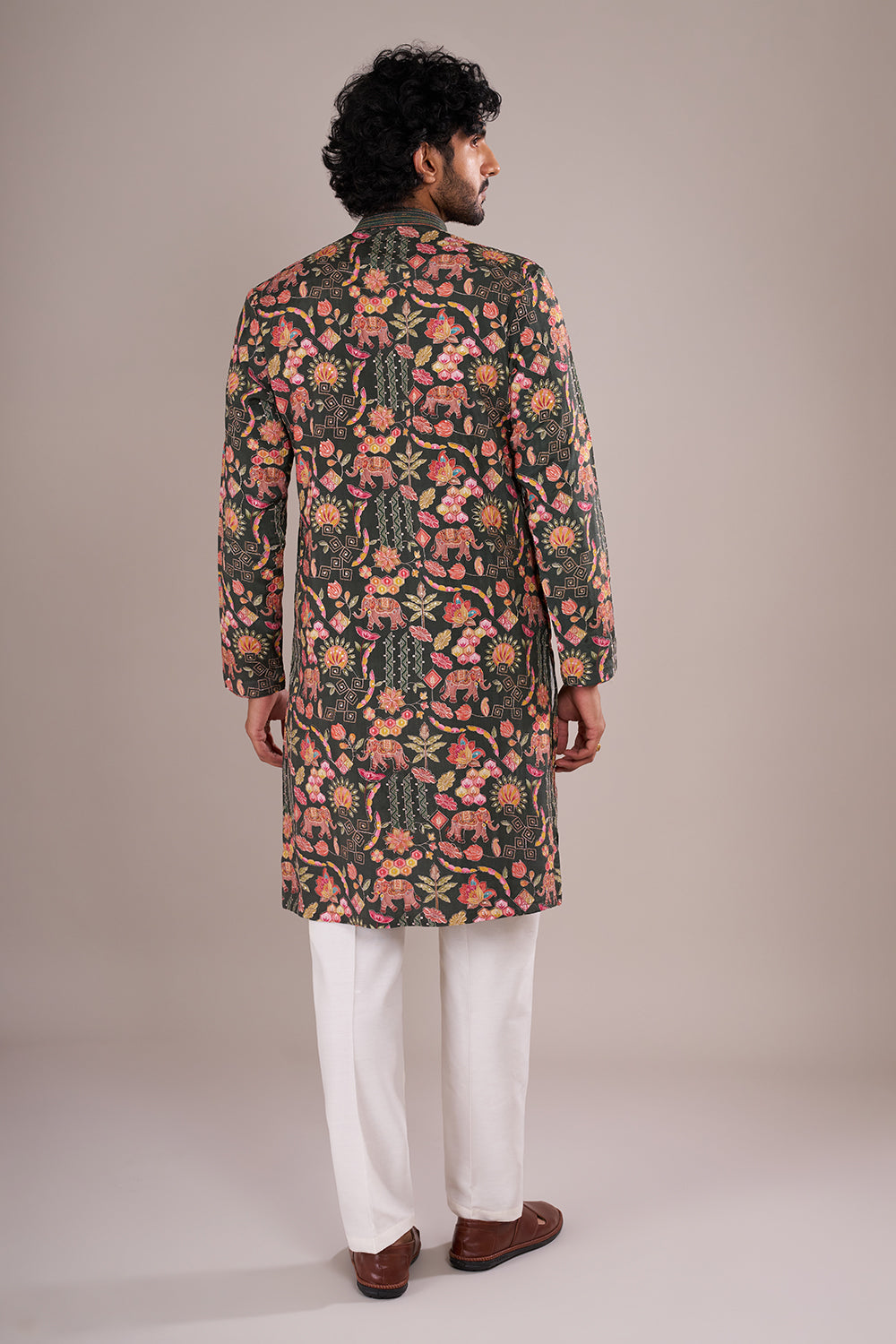 Forest Green Men's Printed Silk Blend Kurta Set with Festive Folk Motifs