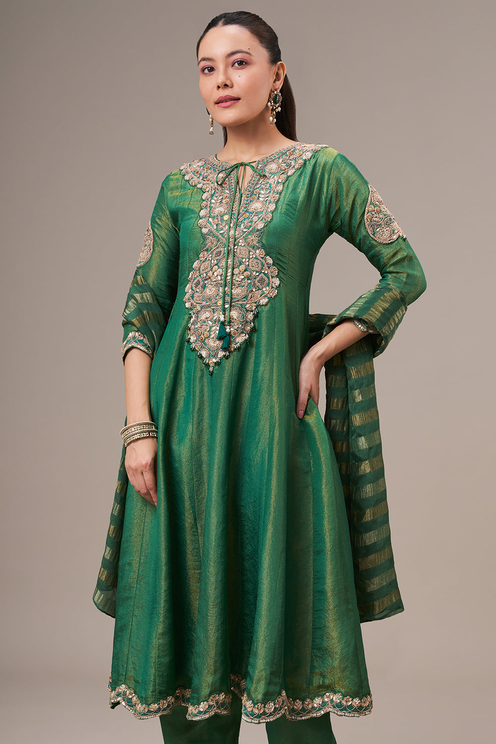Forest Green Tissue Silk Anarkali Suit with Resham and Zardosi Work
