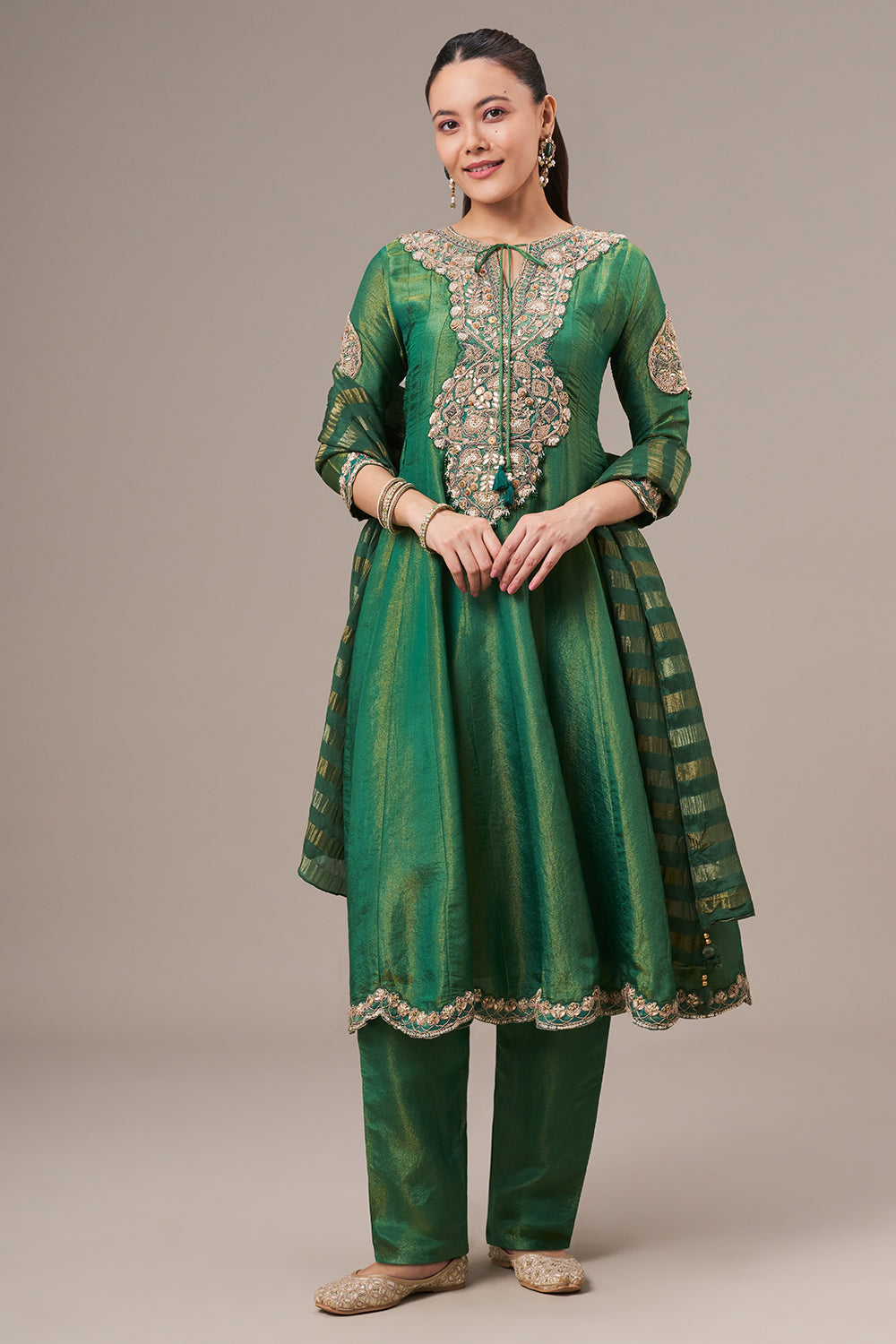 Forest Green Tissue Silk Anarkali Suit with Resham and Zardosi Work