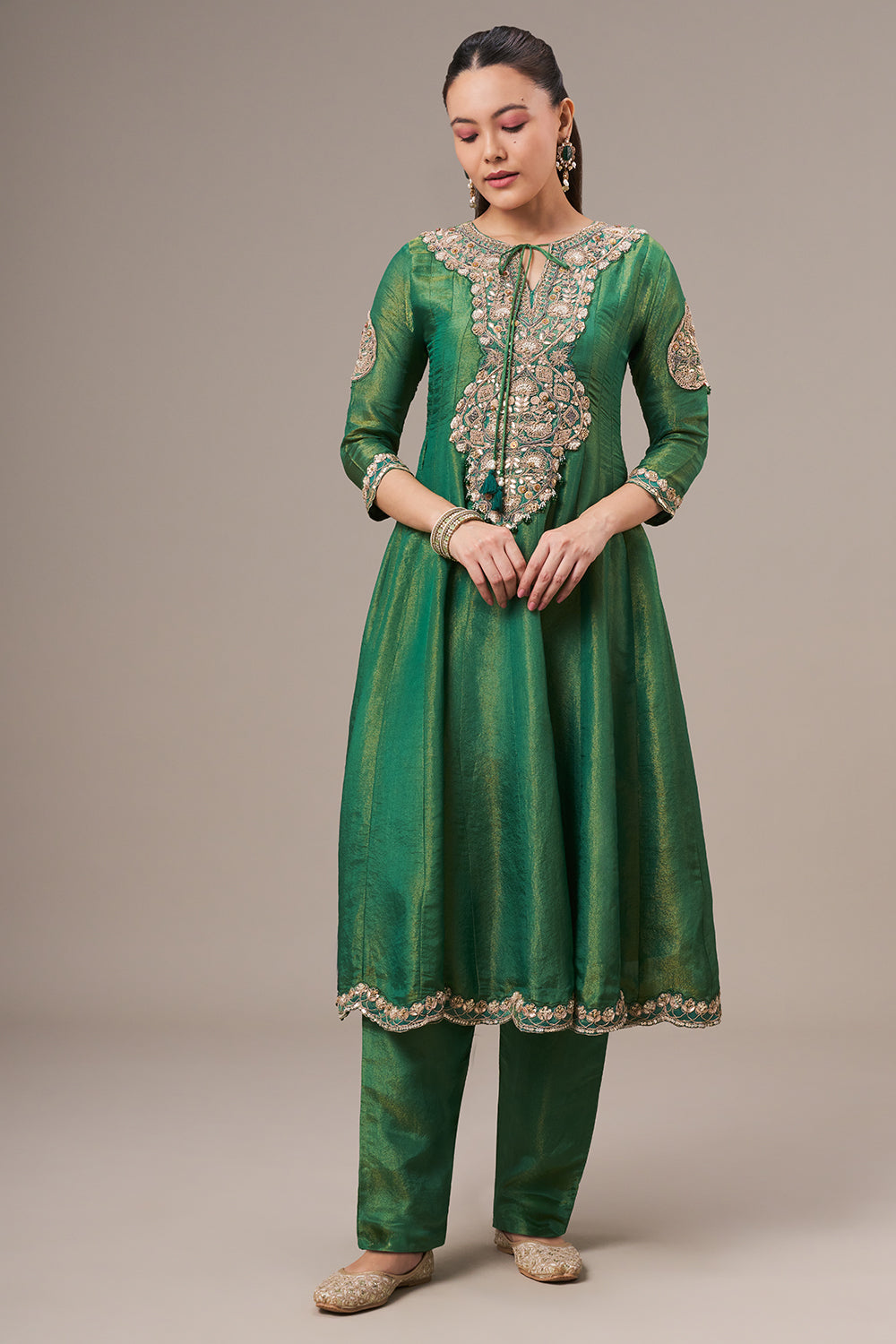 Forest Green Tissue Silk Anarkali Suit with Resham and Zardosi Work
