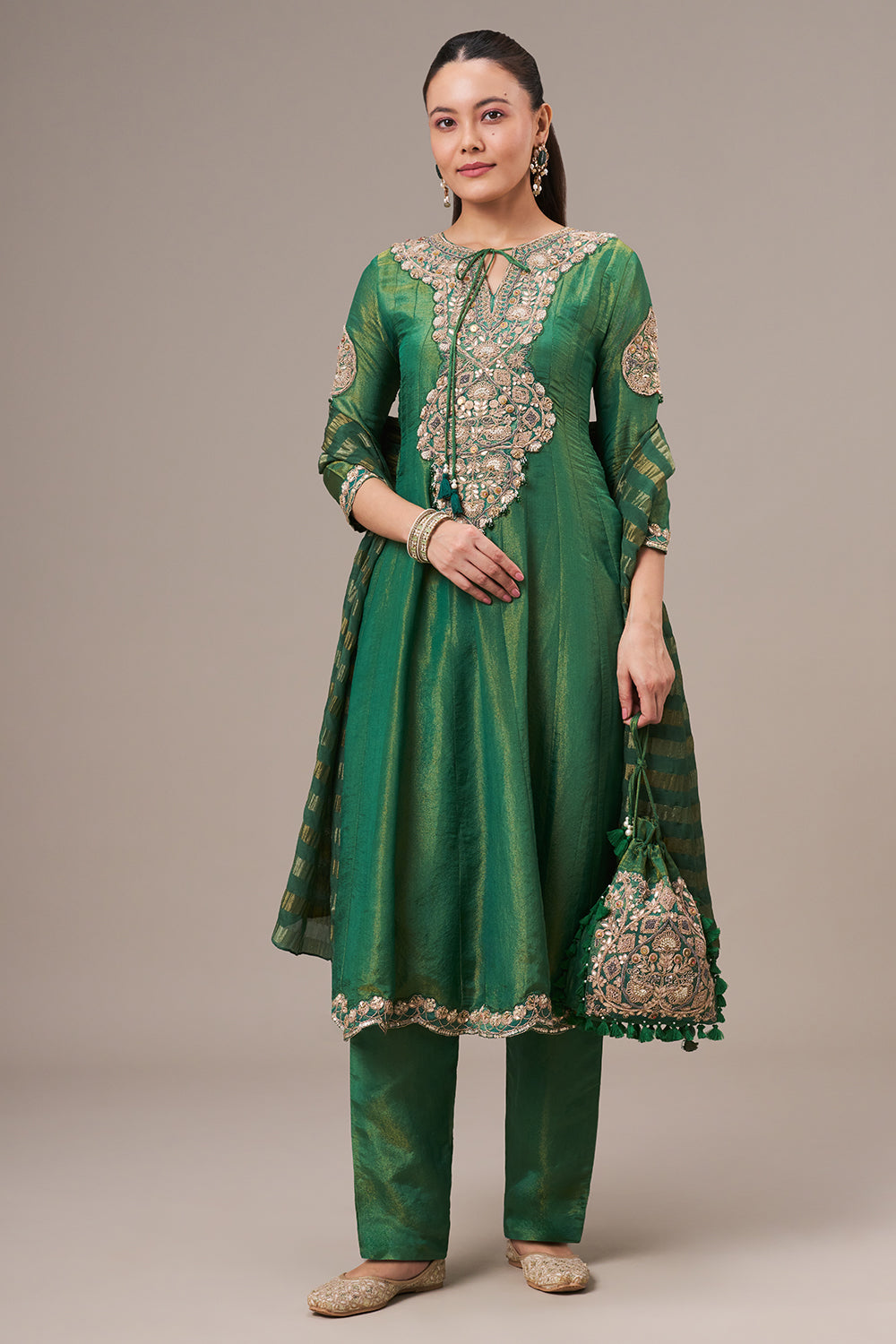 Forest Green Tissue Silk Anarkali Suit with Resham and Zardosi Work