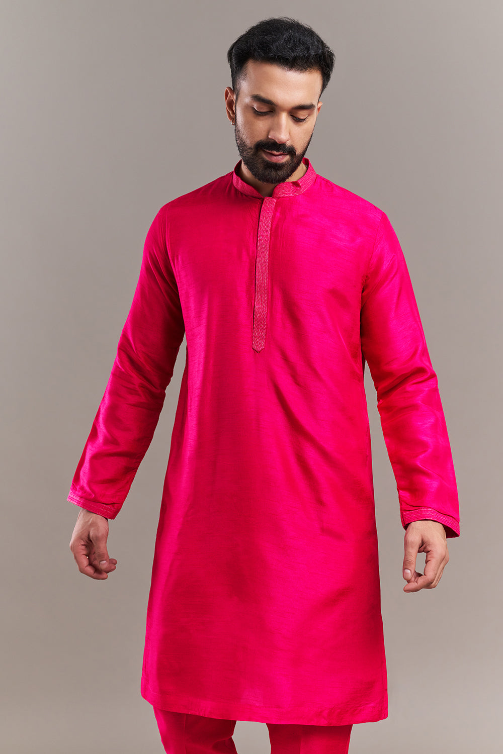 Fuchsia Art Silk Floral Motifs Men's Kurta with Jacket