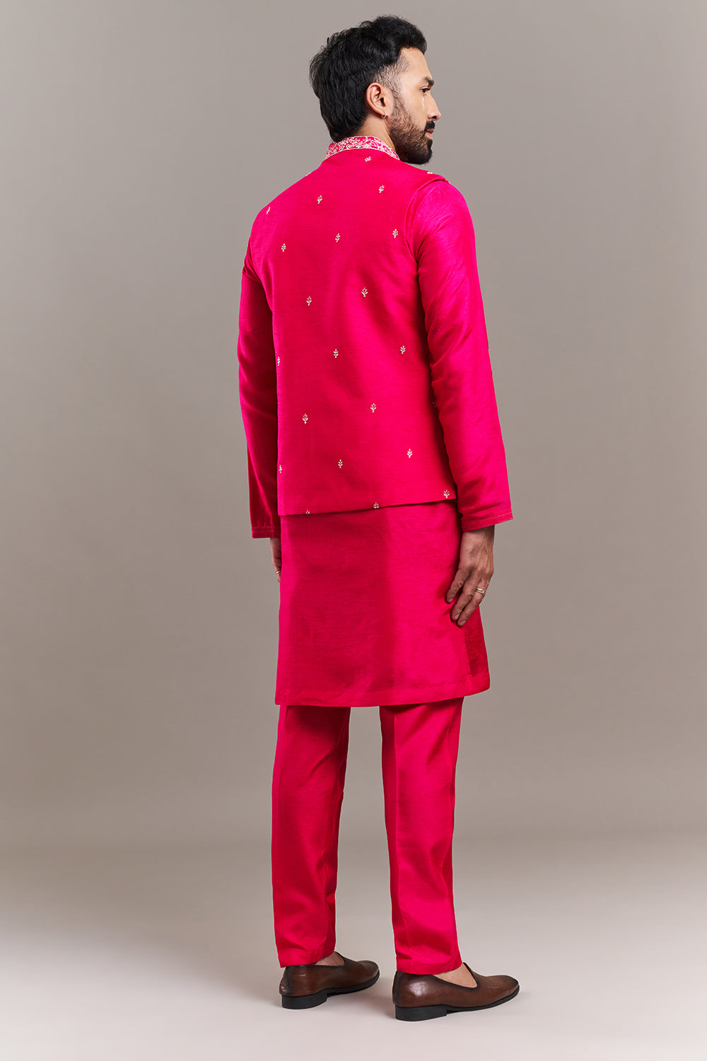 Fuchsia Art Silk Floral Motifs Men's Kurta with Jacket