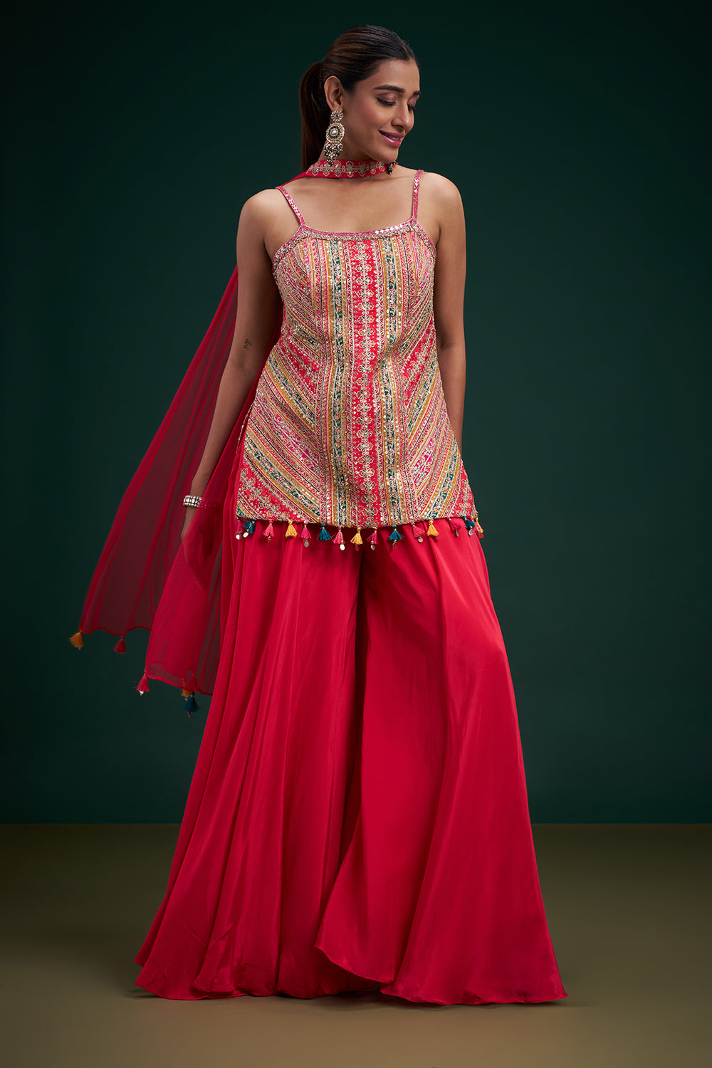 Fuchsia Crepe Indo-Western Suit with Mirror Work