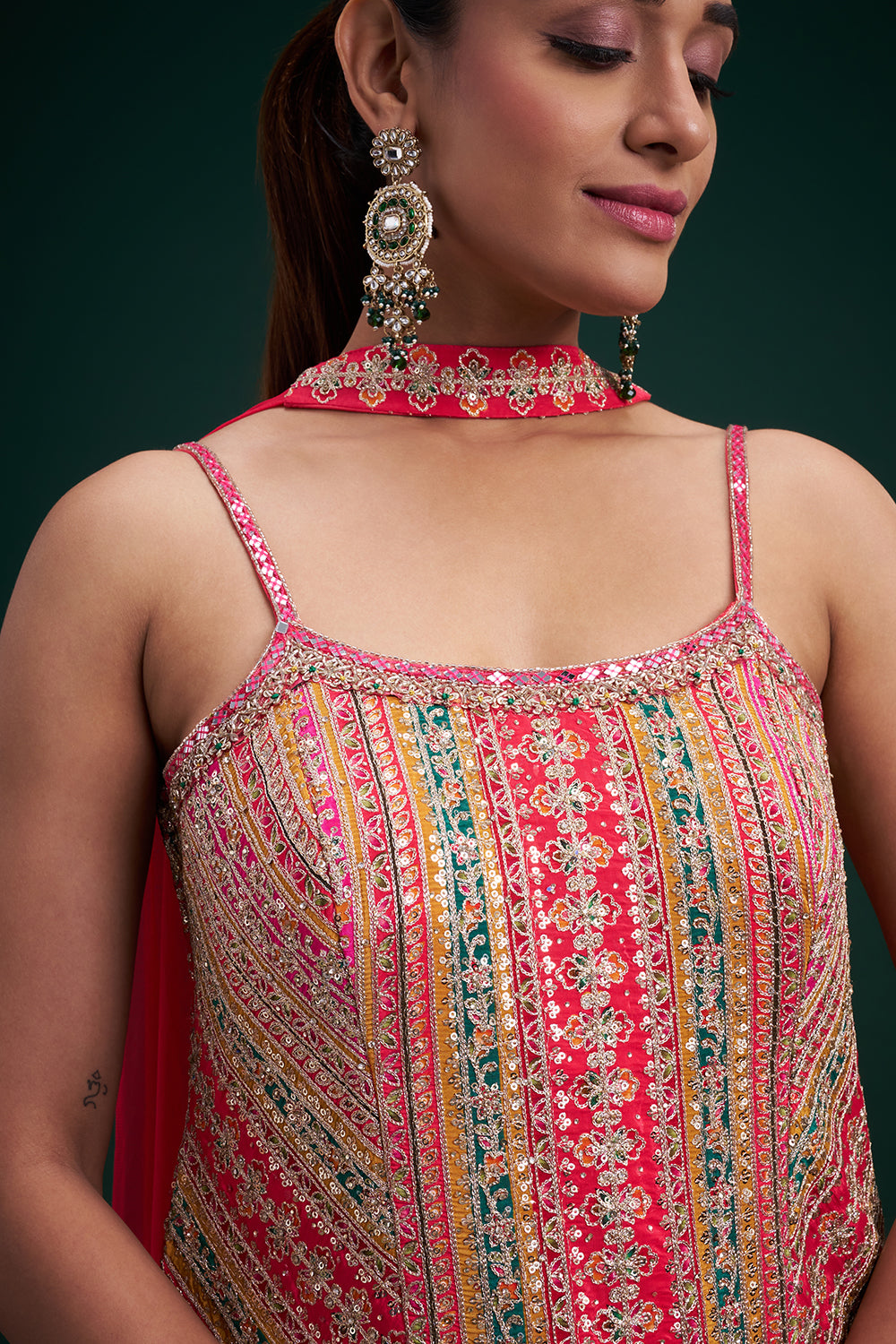 Fuchsia Crepe Indo-Western Suit with Mirror Work