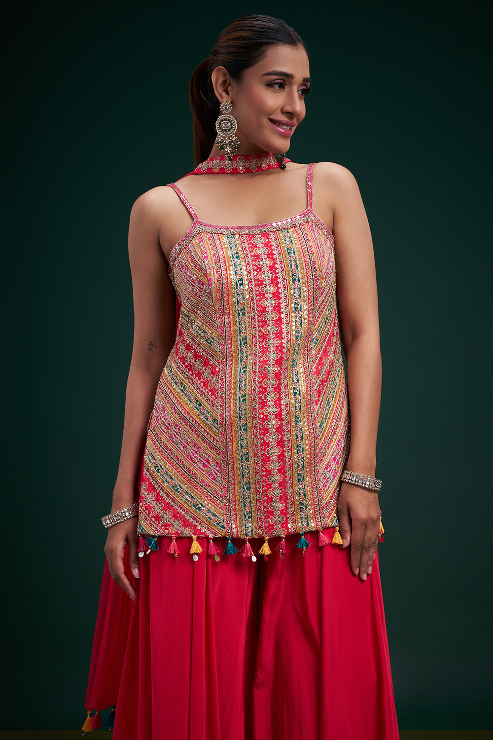 Fuchsia Crepe Indo-Western Suit with Mirror Work