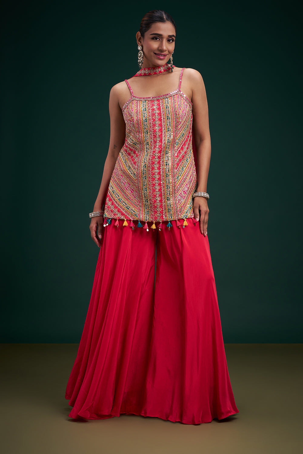 Fuchsia Crepe Indo-Western Suit with Mirror Work