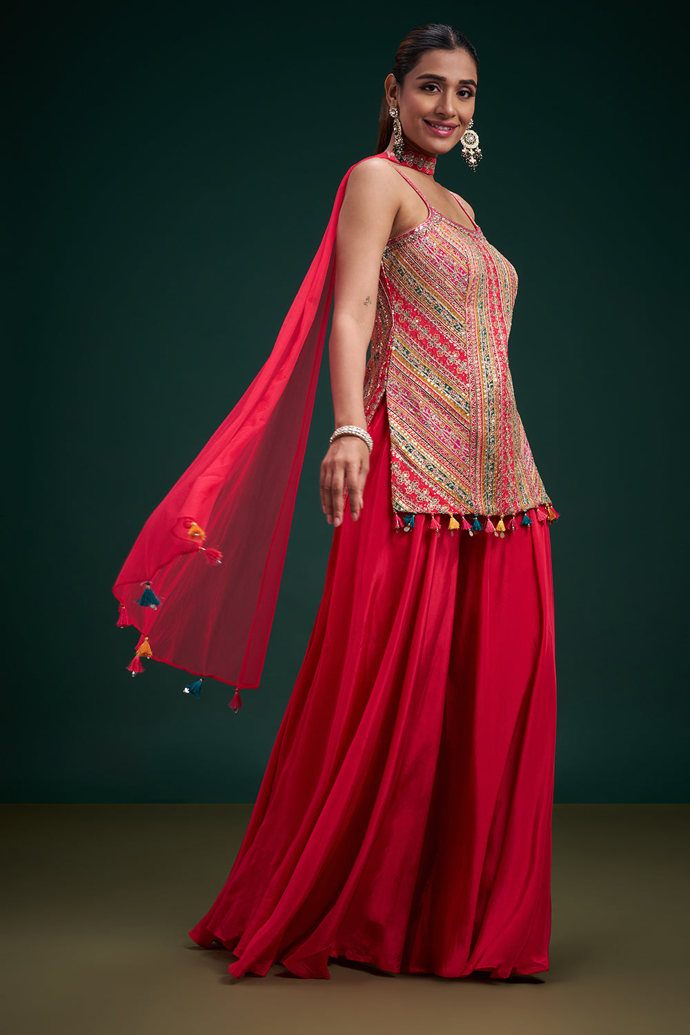 Fuchsia Crepe Indo-Western Suit with Mirror Work